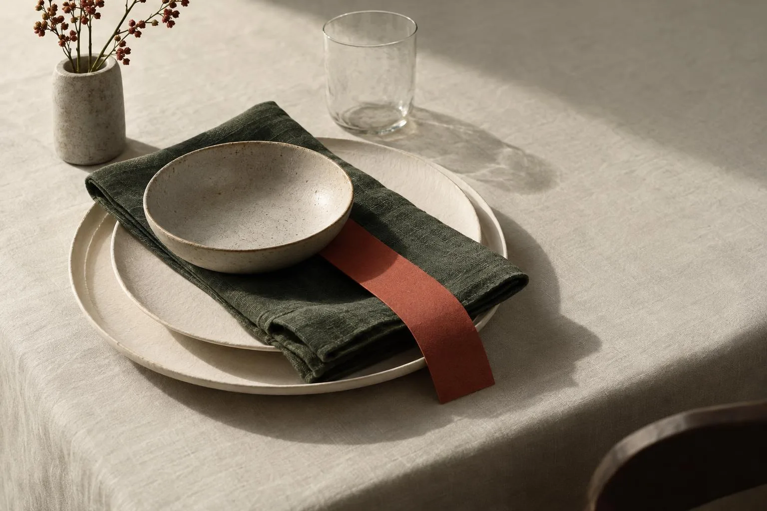 Materialstudie einer reduzierten festlichen Tafel mit warmen Papierschichten, Steingut und einem oxidroten Papierband