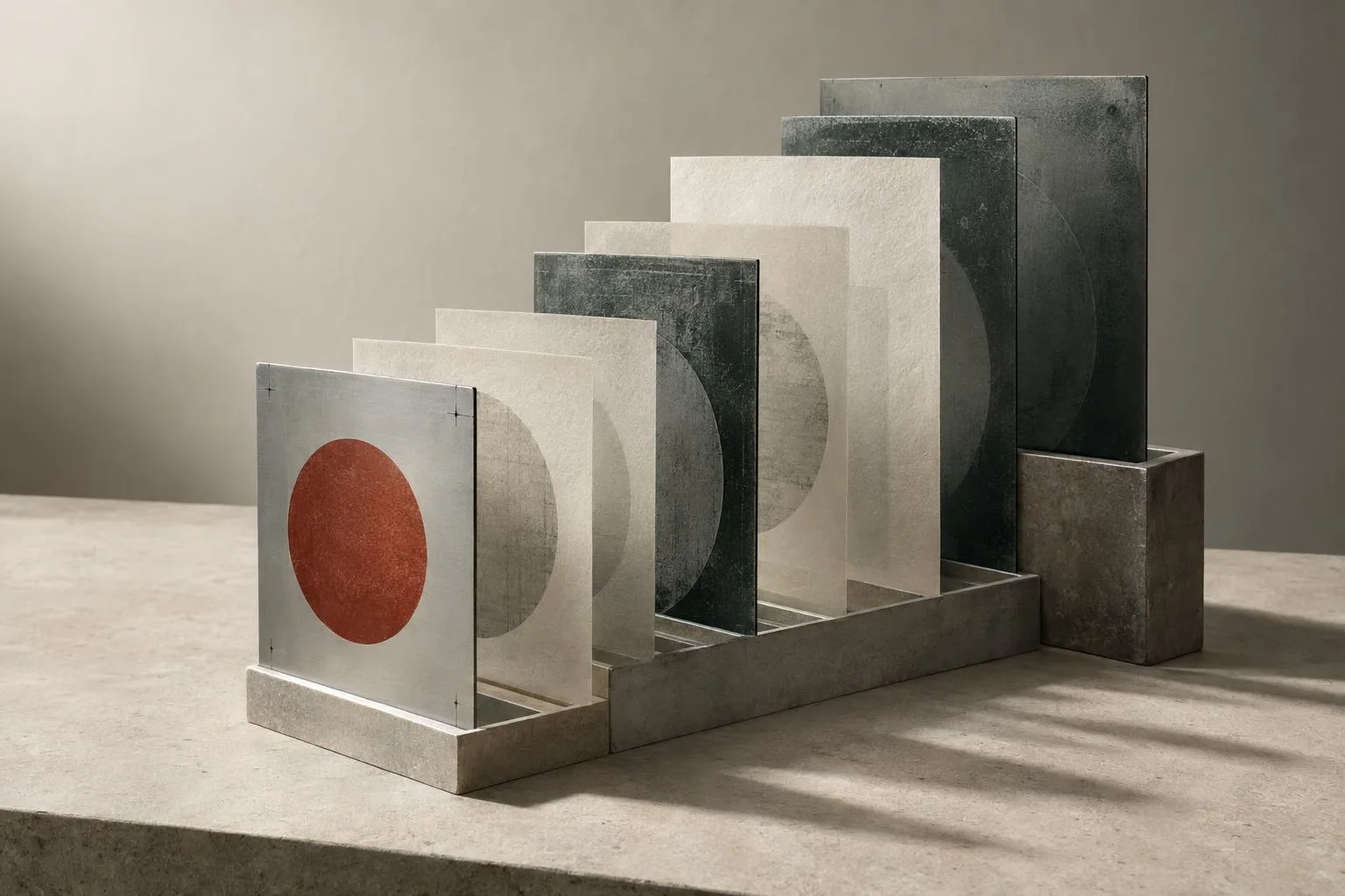 Materialstudie aus gestaffelten Trägerflächen und Druckplatten, die sich in Stufen nach oben aufbauen