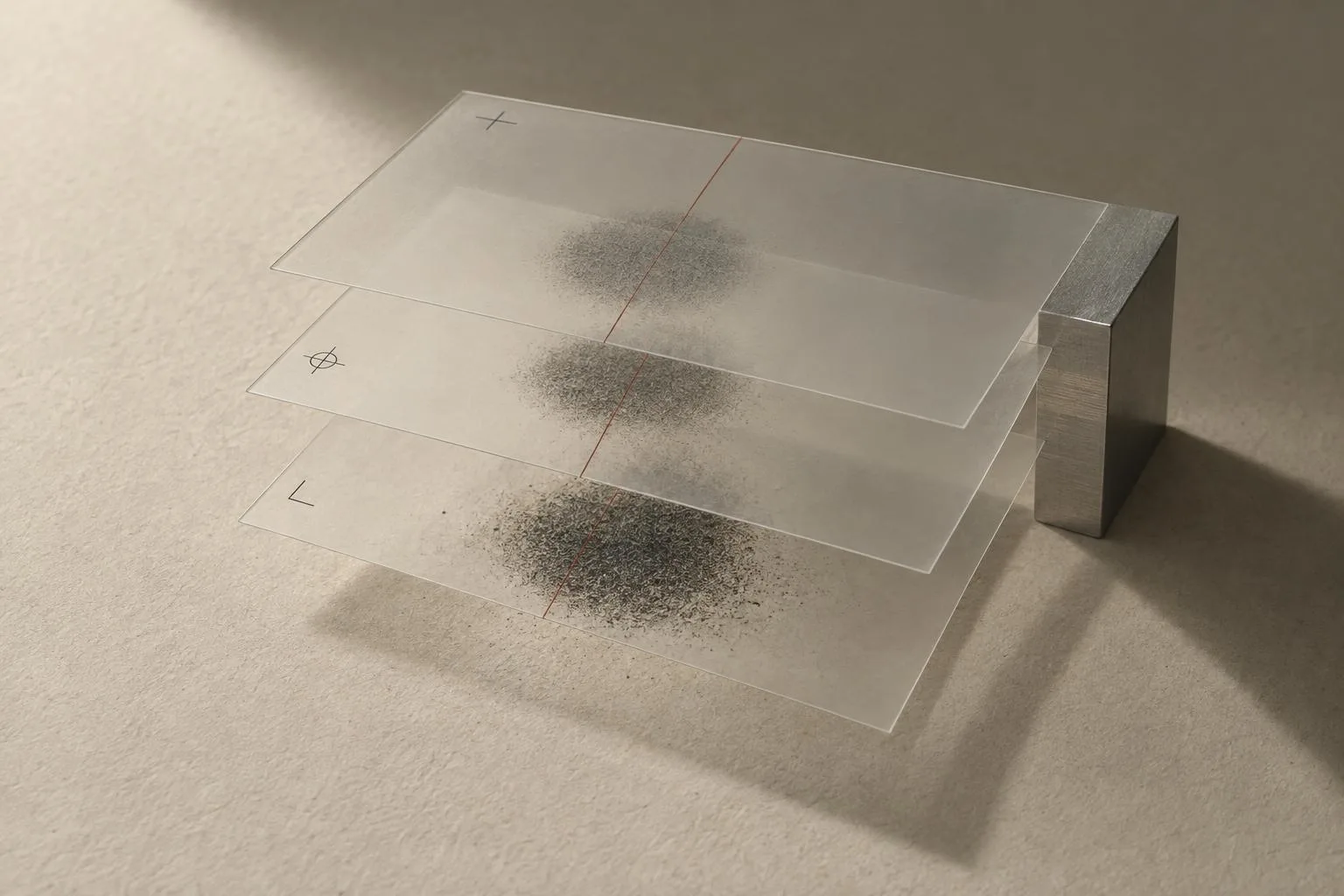 Materialstudie aus transparenten Archivfolien über einer feinen Spur, die verschiedene Messebenen andeutet
