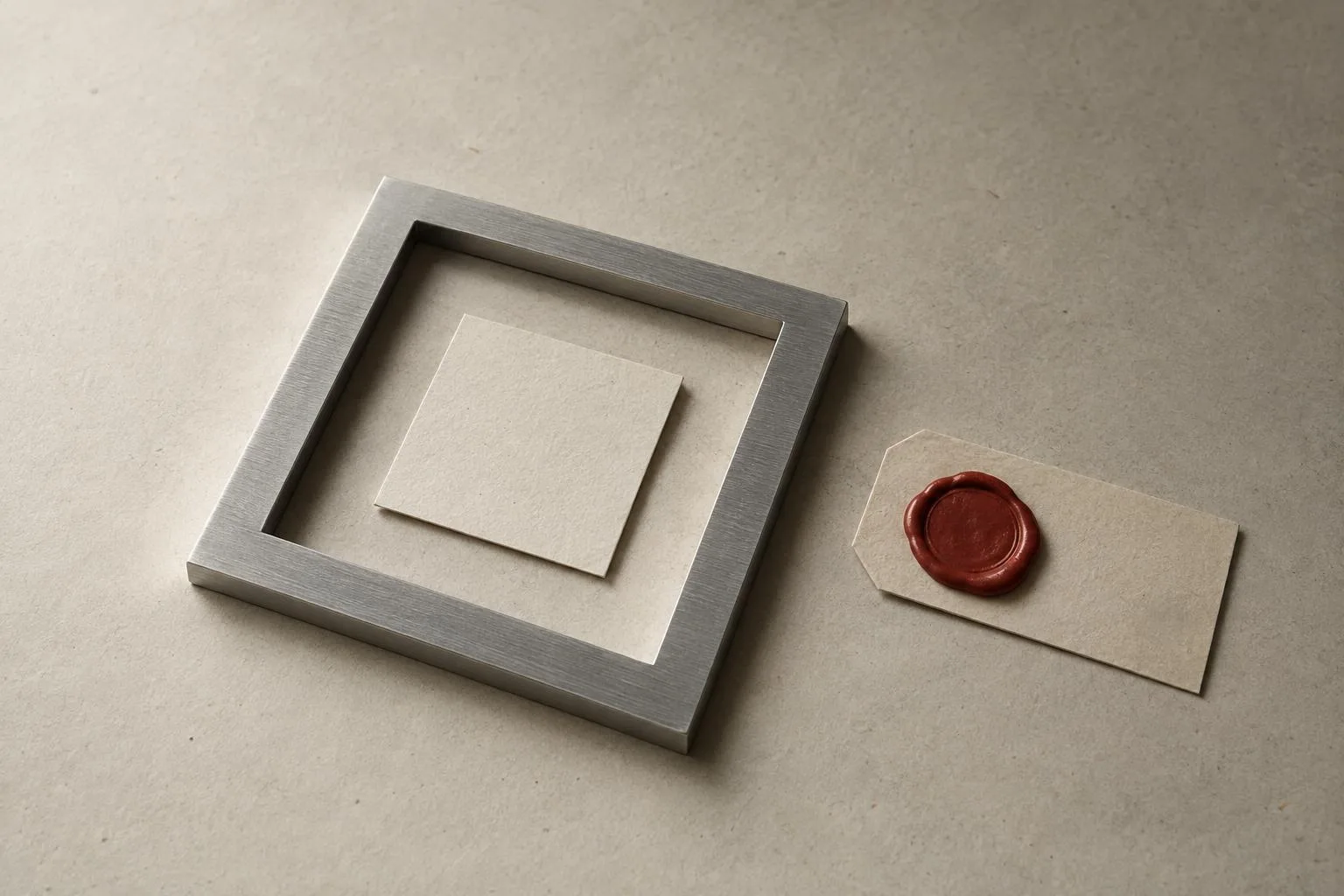 Materialstudie eines präzisen Aluminiumrahmens auf warmem Papier, der ein einzelnes leeres Papierfeld umschließt