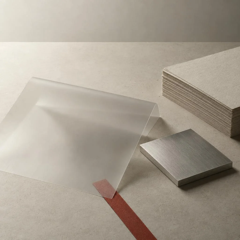 Großzügige Materialstudie aus gefalteter Archivfolie, Aluminiumplatte und Papierschichten mit einem schmalen oxidroten Streifen